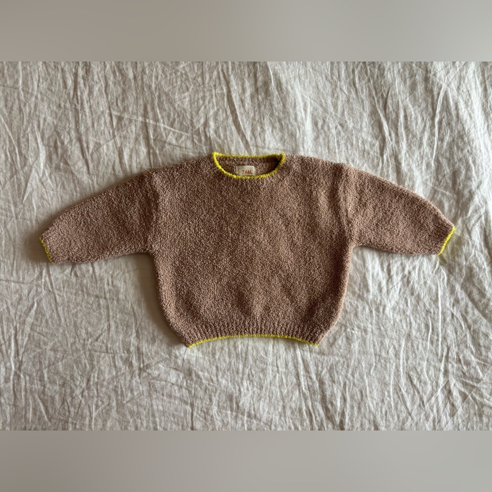 7am Enfant Boxy Fuzzy Sweater in Pecan with Neon Yellow Trim